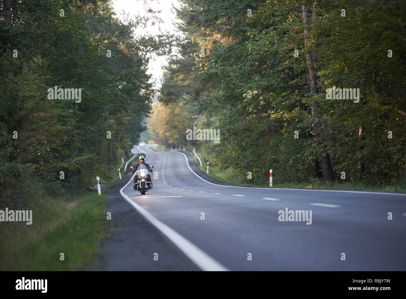 Barbuto equitazione bikert moderni potenti ad alta velocità a motocicletta lungo la strada asfaltata avvolgimento tra alti alberi verdi. Foto Stock