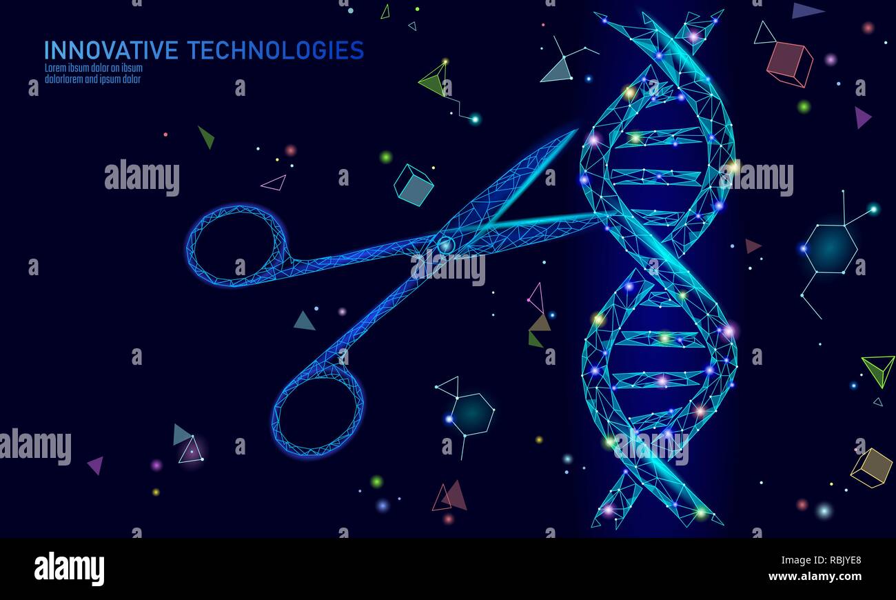 Il DNA 3D di modifica della struttura il concetto di medicina. Bassa poli triangolo poligonale la terapia genica di curare malattie genetiche. Ingegneria OGM CRISPR CAS9 innovazione tecnologia moderna scienza banner illustrazione vettoriale Illustrazione Vettoriale