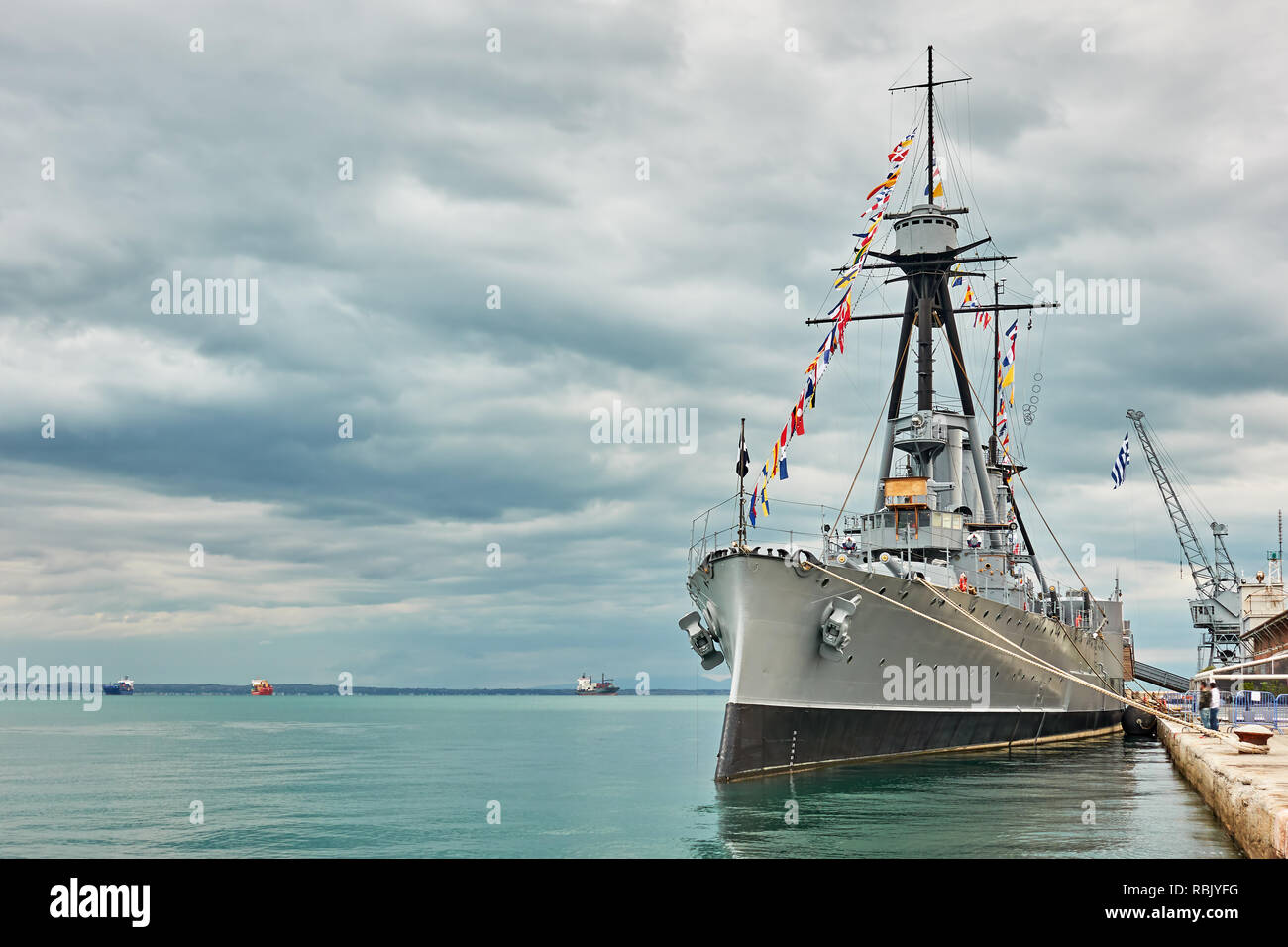 Storico di nave da guerra greca Averof al porto di Salonicco, Grecia Foto Stock
