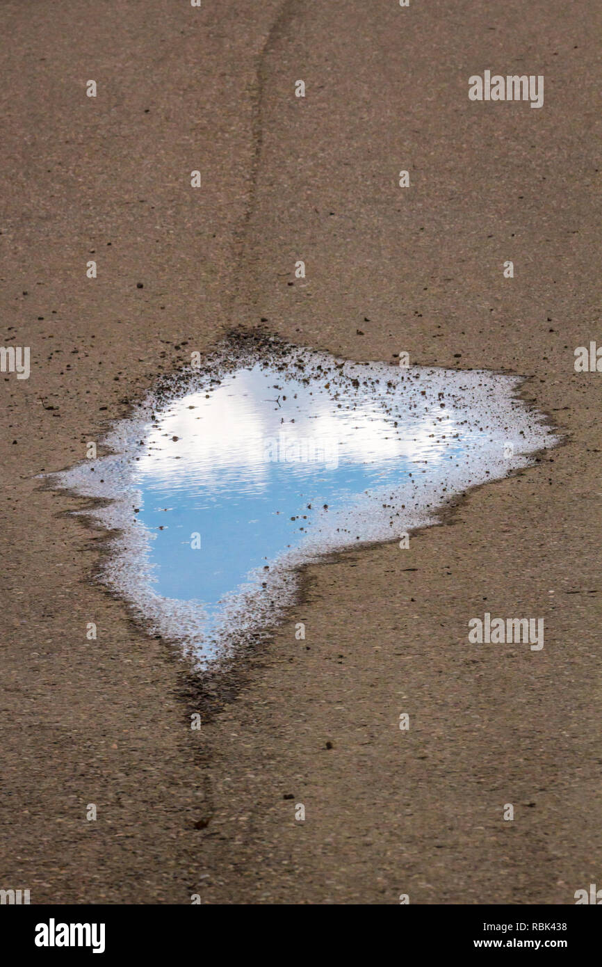 Nuvole e un cielo blu si riflettono in una pozza d'acqua su un marciapiede in calcestruzzo su un giorno di estate in città di Calgary, Alberta, Canada. Spazio per il testo. Foto Stock