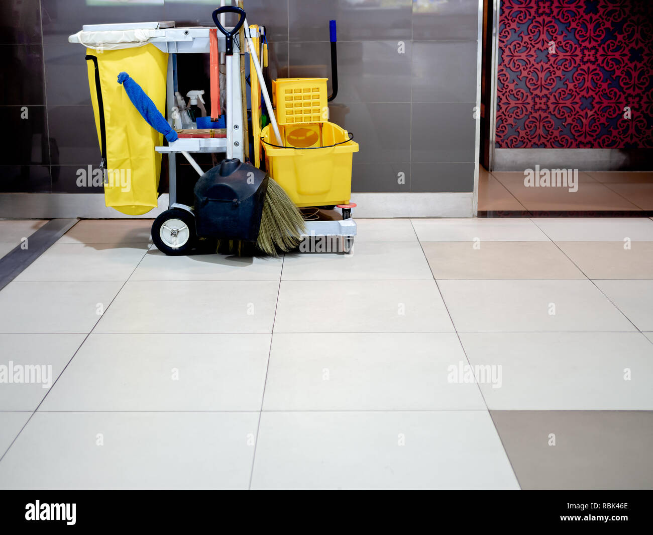 Utensili per la pulizia carrello attendere per la pulizia. Benna e set di attrezzature per la pulizia in aeroporto con copia spazio. Il servizio di pulizia del concetto. Foto Stock