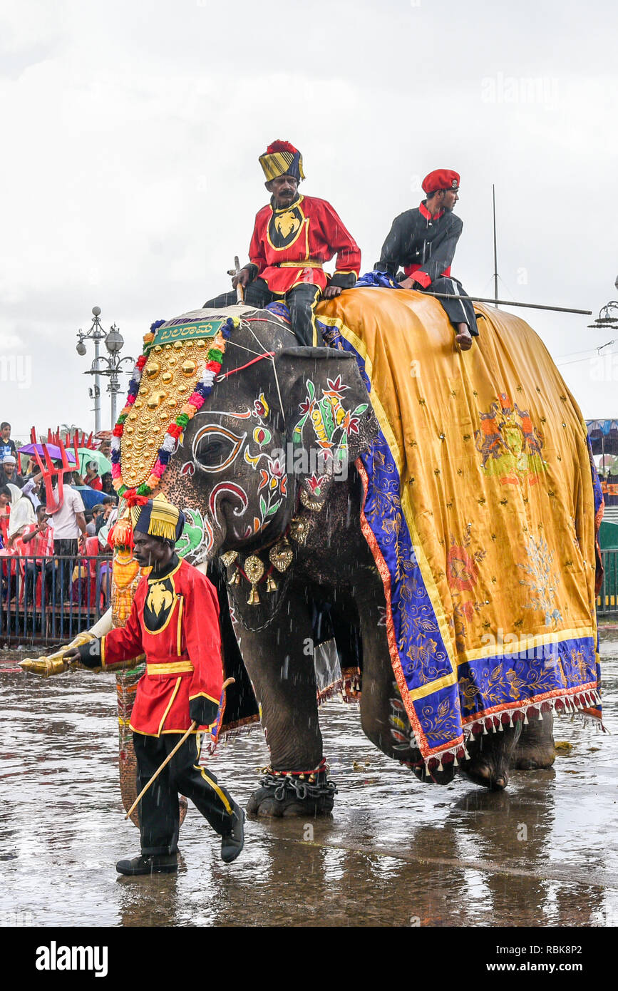 Decorate elefanti a Mysore Dussehra celebrazione o festival di Dasara processione a Mysore Palace di Maharaja Indiani o re in Karnataka India Foto Stock