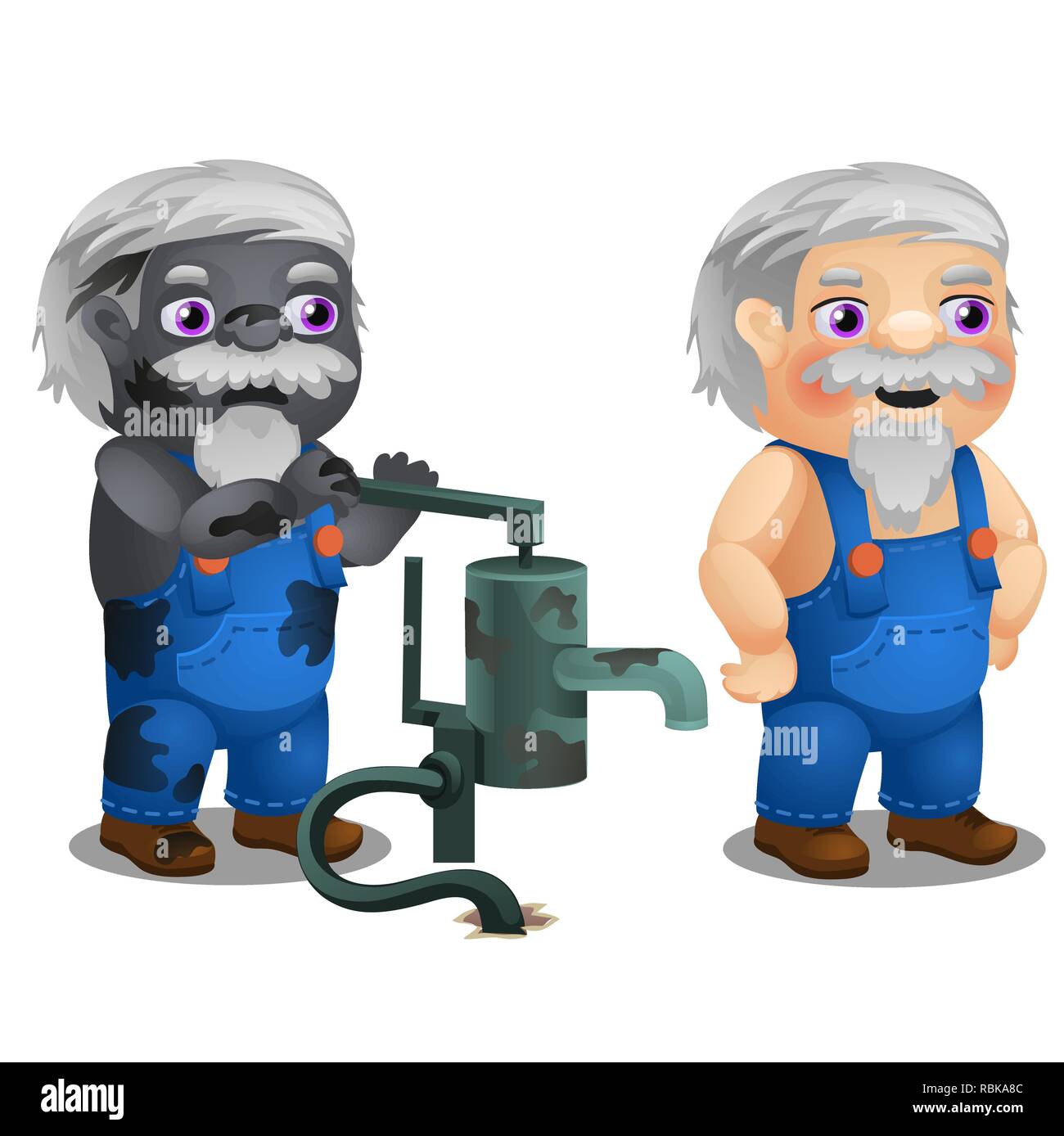 Animata operaio maschio con la tuta da lavoro e rotture di acqua della pompa a mano isolati su sfondo bianco. Vector cartoon close-up illustrazione. Illustrazione Vettoriale