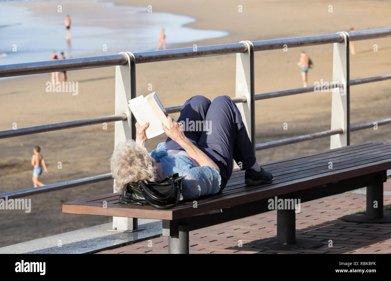 Donna matura la lettura prenota affacciato sulla spiaggia. Foto Stock