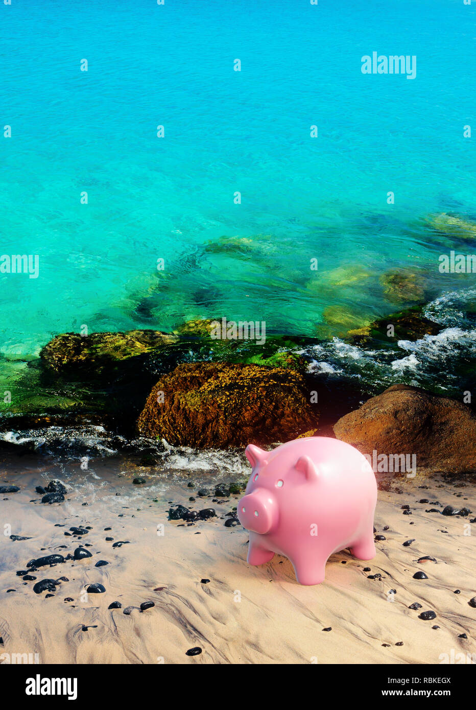 Salvadanaio di rosa money bank in spiaggia, salvataggio di guadagni, 3D illustrazione Foto Stock