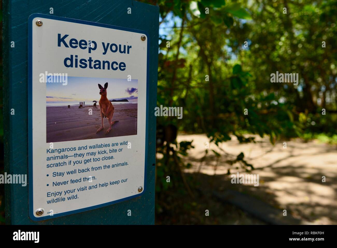 Mantenere la distanza da canguri segno, escursioni attraverso Cape Hillsborough National Park, Queensland, Australia Foto Stock