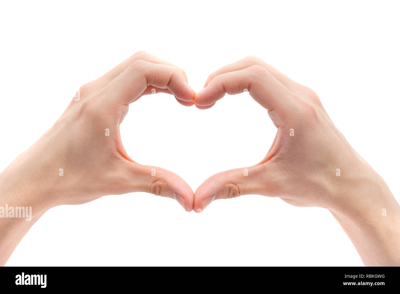 Maschio rendendo le mani a forma di cuore. Amore e relazioni concetto. Isolato su bianco. Foto Stock