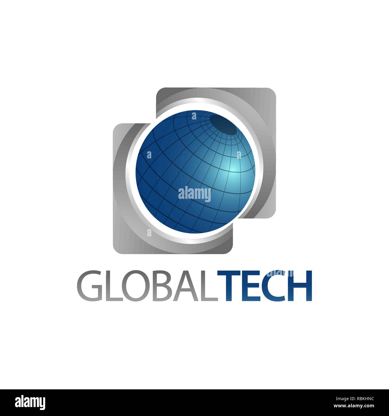 Global Tech. Tre quadrati dimensionale Globo mondo logo icona concept design template idea Illustrazione Vettoriale