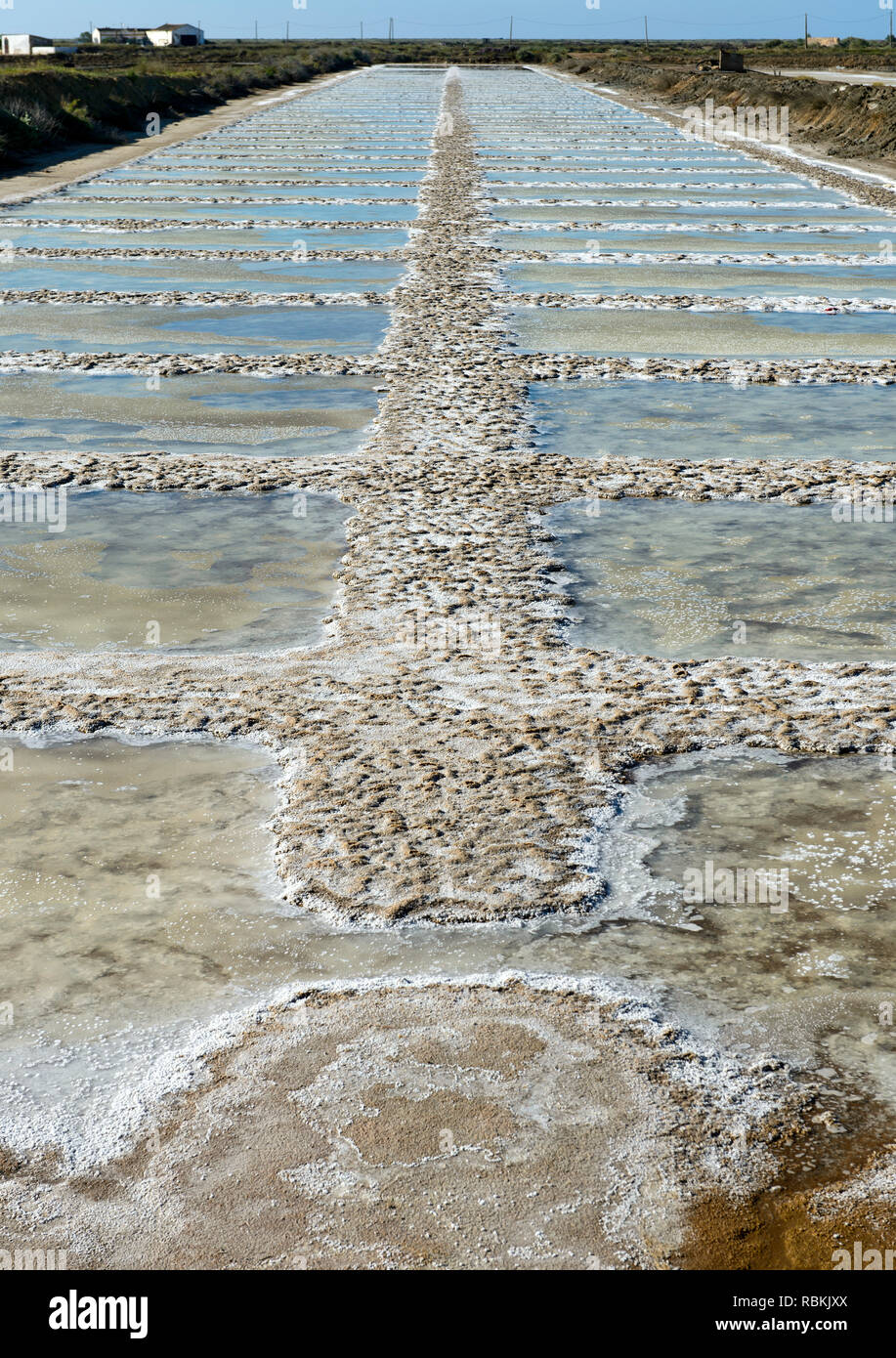 Mare per la produzione di sale, sale stagni di evaporazione con cristallizzato sale marino, Tavira, Algarve, PORTOGALLO Foto Stock