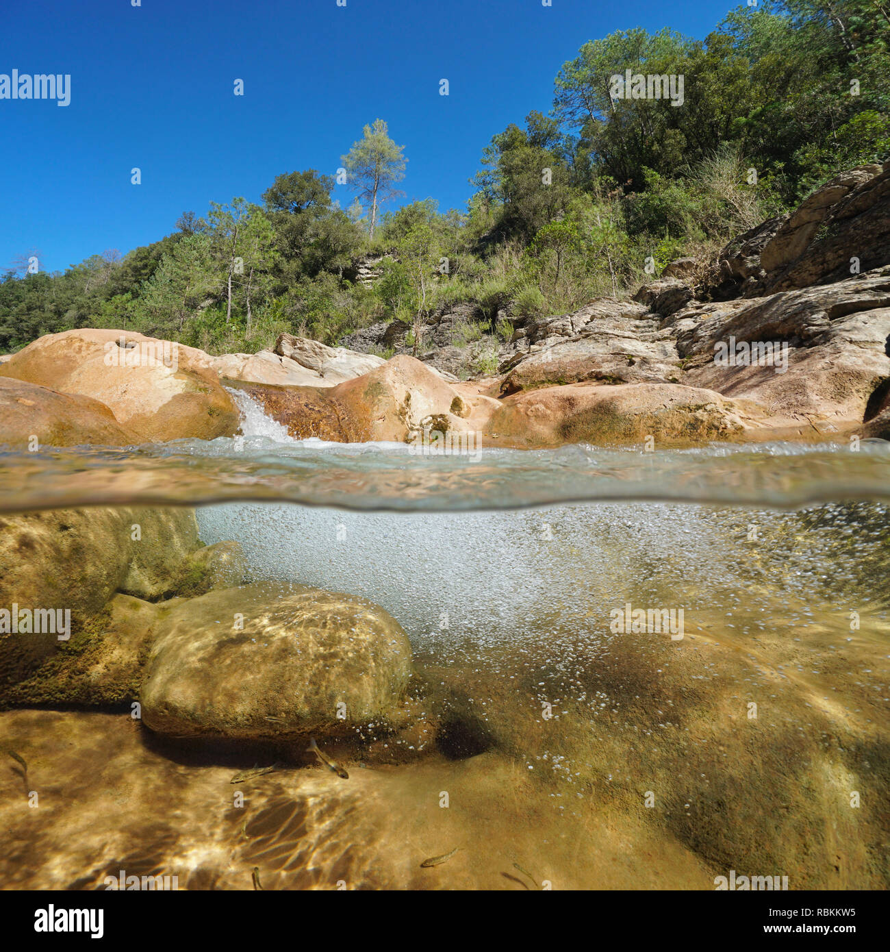 Rocky River con bolle di aria in immersione, vista suddivisa a metà al di sopra e al di sotto di superficie, la Muga, Catalogna, Spagna Foto Stock