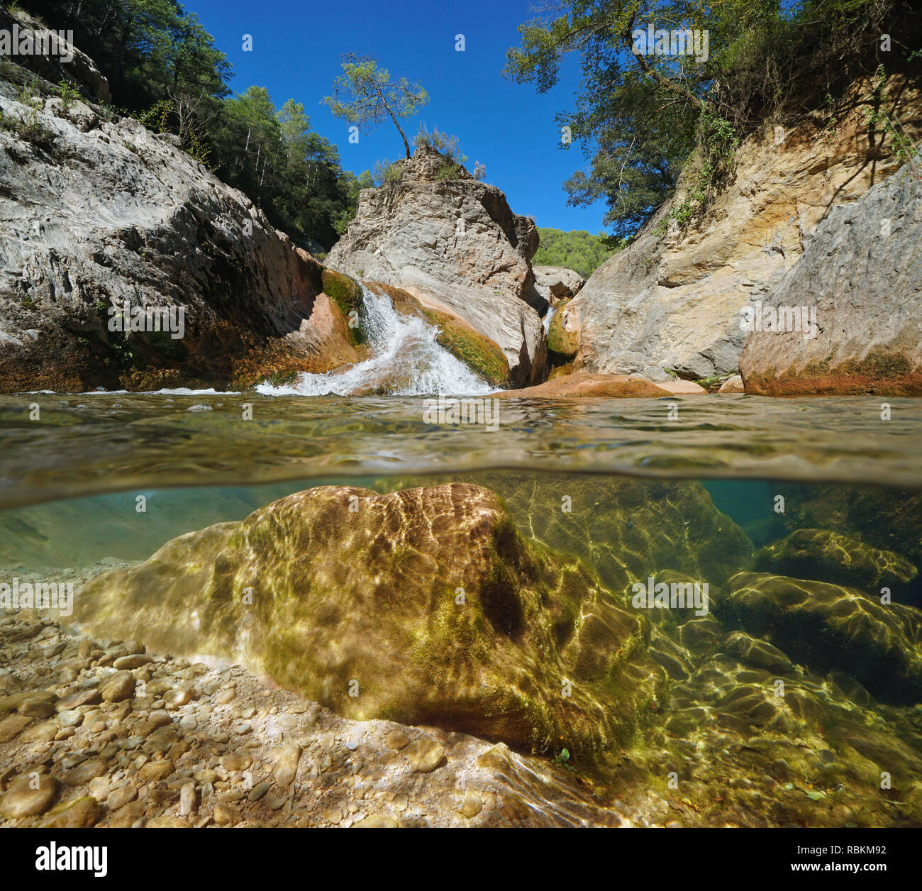 Wild Rocky River, vista suddivisa a metà al di sopra e la superficie subacquea, la Muga, Catalogna, Spagna Foto Stock