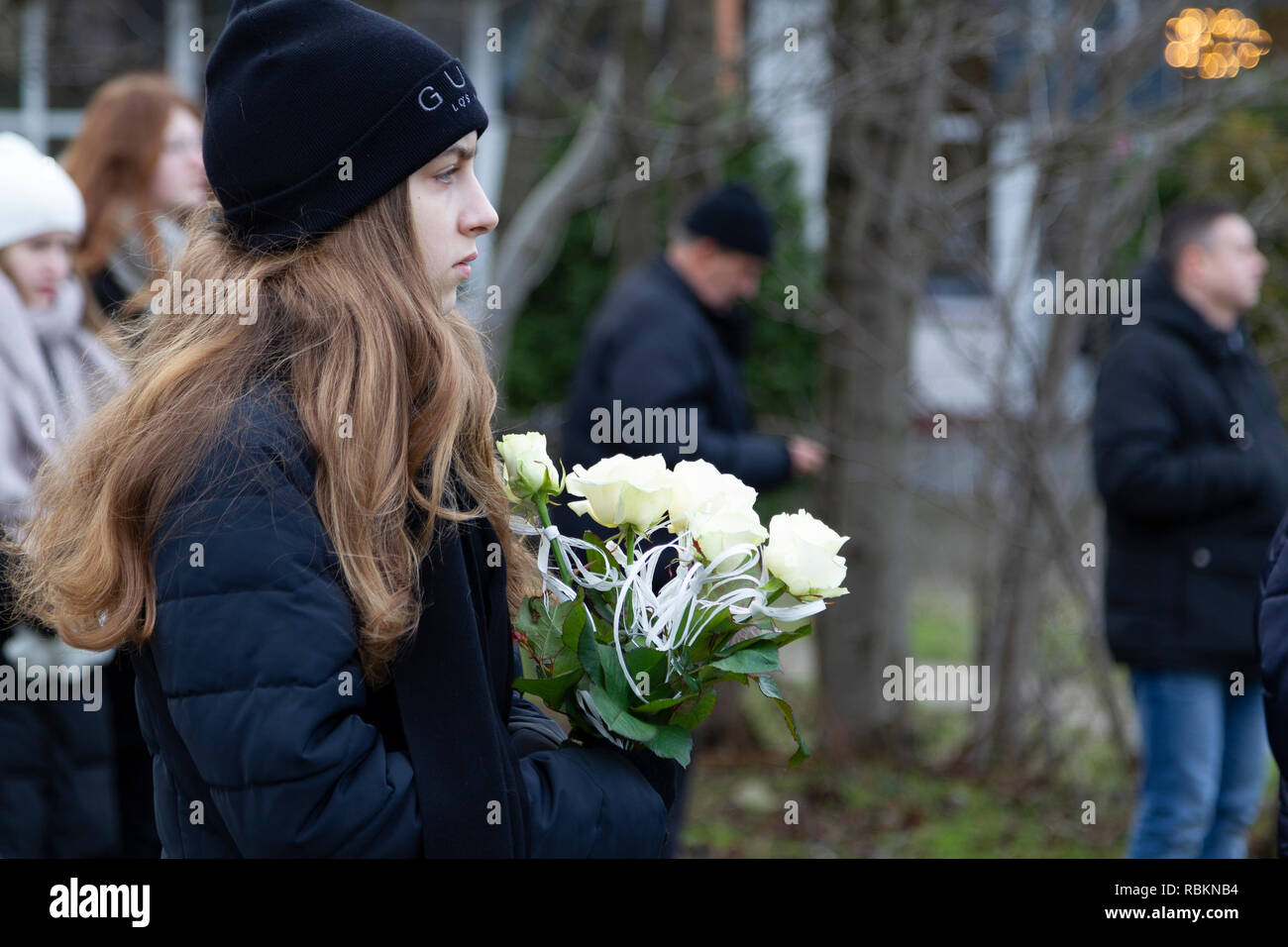 Koszalin, Polonia 10 gennaio 2019. Cerimonie funebri per cinque vittime di 15-anno-vecchio ragazze: Karolina Helena Barabas, Julia Pawlak, Wiktoria Pietras, Amelia Wieczorek, Malgorzata Tymieniecka in un tragico incendio nella sala di escape in Koszlin. Credito: Slawomir Kowalewski/Alamy Live News Foto Stock