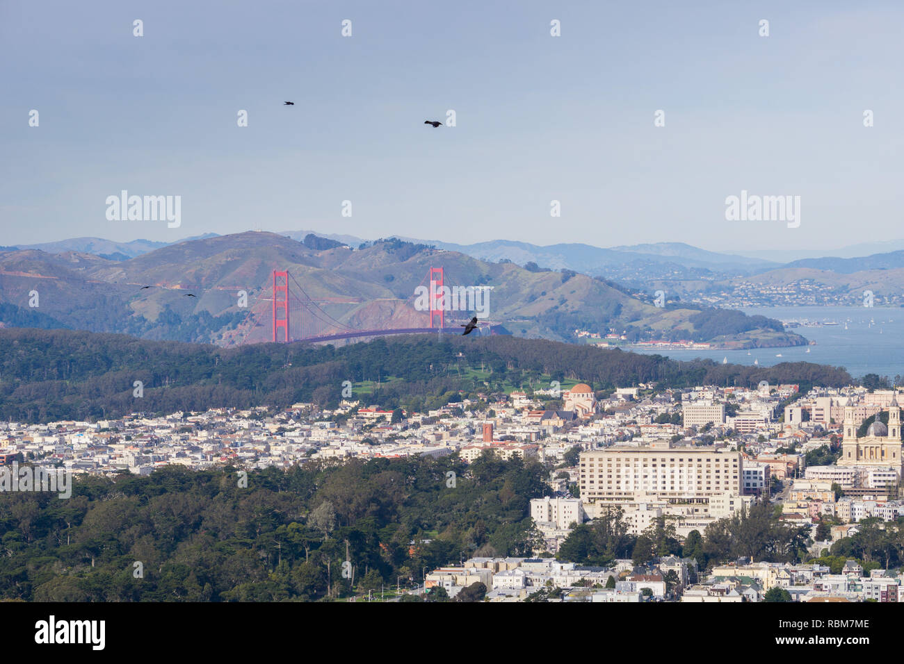 Vista verso il Golden Gate Bridge e il parco circostante e la zona residenziale di San Francisco, California Foto Stock