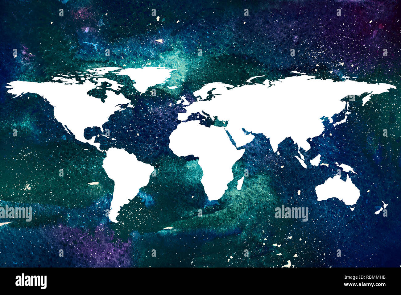 2d disegnati a mano ad acquerello con sfondo bianco mappa del mondo. Illustrazione concettuale dell'universo, GALAXY, stelle costellazione e isolato mappa terrestre. Foto Stock