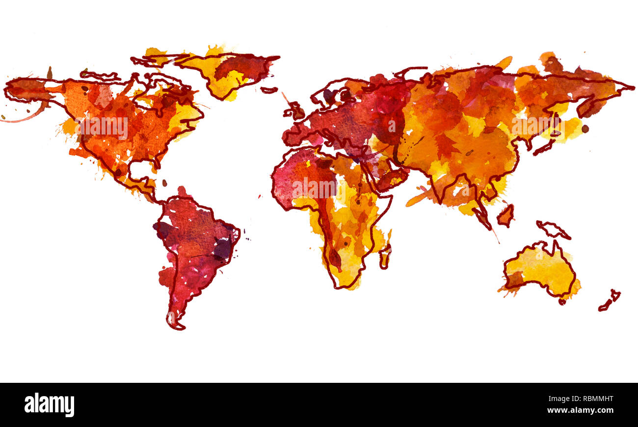 2d disegnati a mano illustrazione della mappa del mondo. Rosso Giallo splash acquerello isolato pianeta terra. Schizzo e disegno doodle continenti. Sfondo bianco. Foto Stock