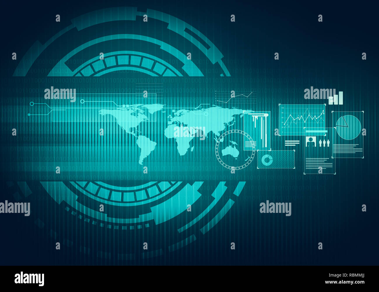 Futuro astratto, concetto business technology illustrazione, futuristico blu grafico virtuale touch screen con interfaccia utente. HUD. Grafici, diagrammi, wo Foto Stock