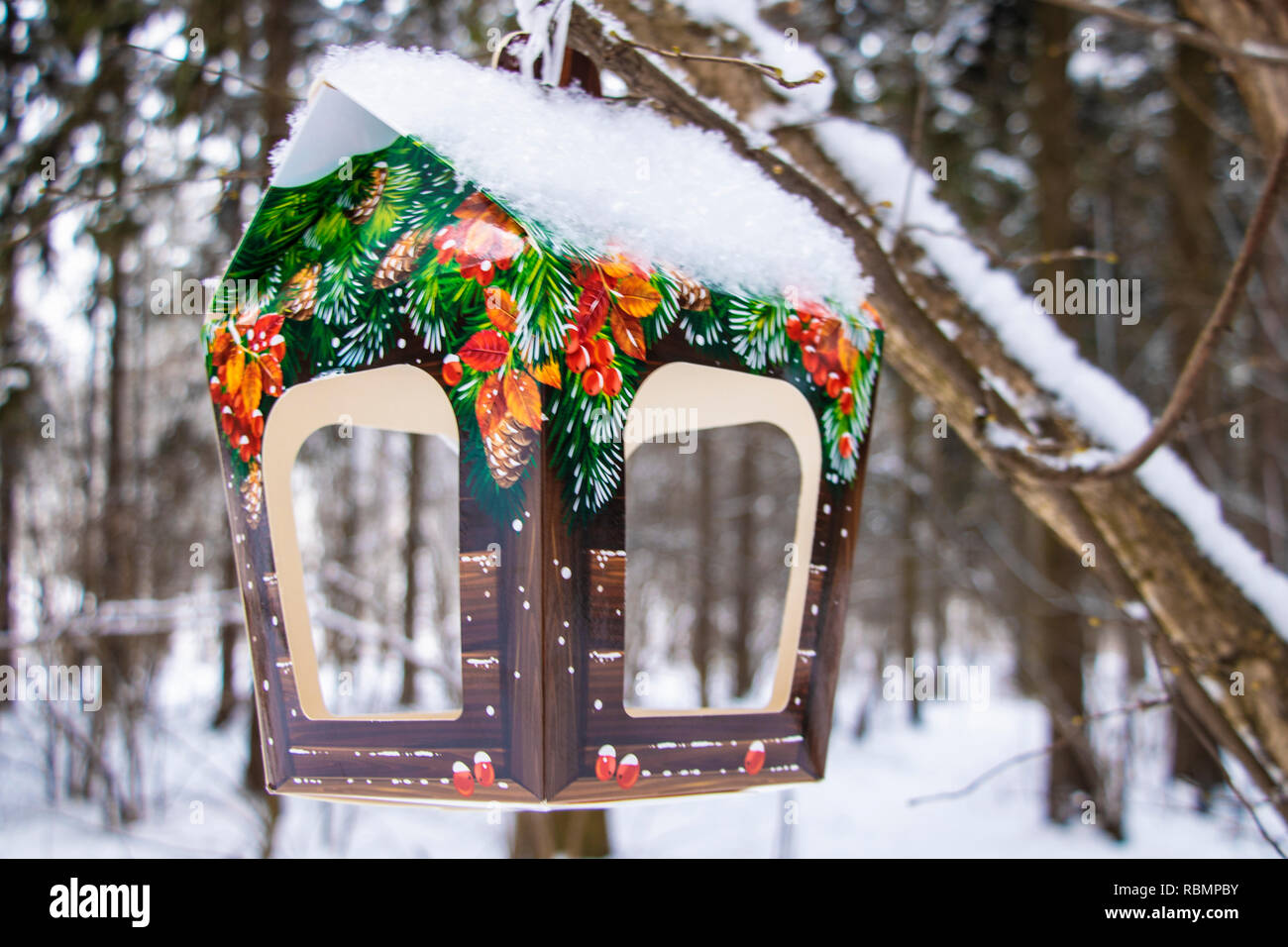 Gli alimentatori di uccello. Un colorato in casa bird feeder sull'albero. Inverno bird feeder nel parco, foresta Foto Stock