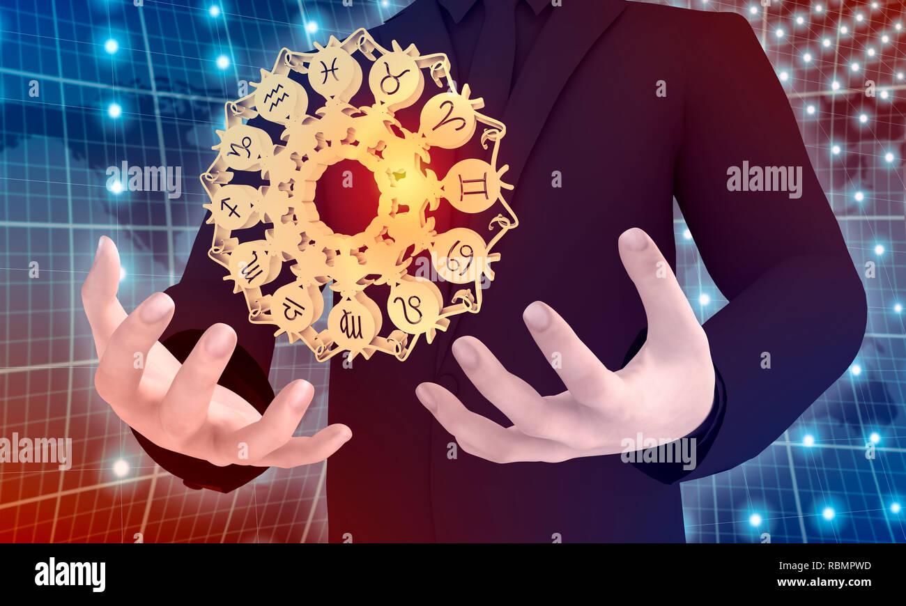 Uomo con simboli astrologici in mani. Ornanet decorativa. Il rendering 3D Foto Stock