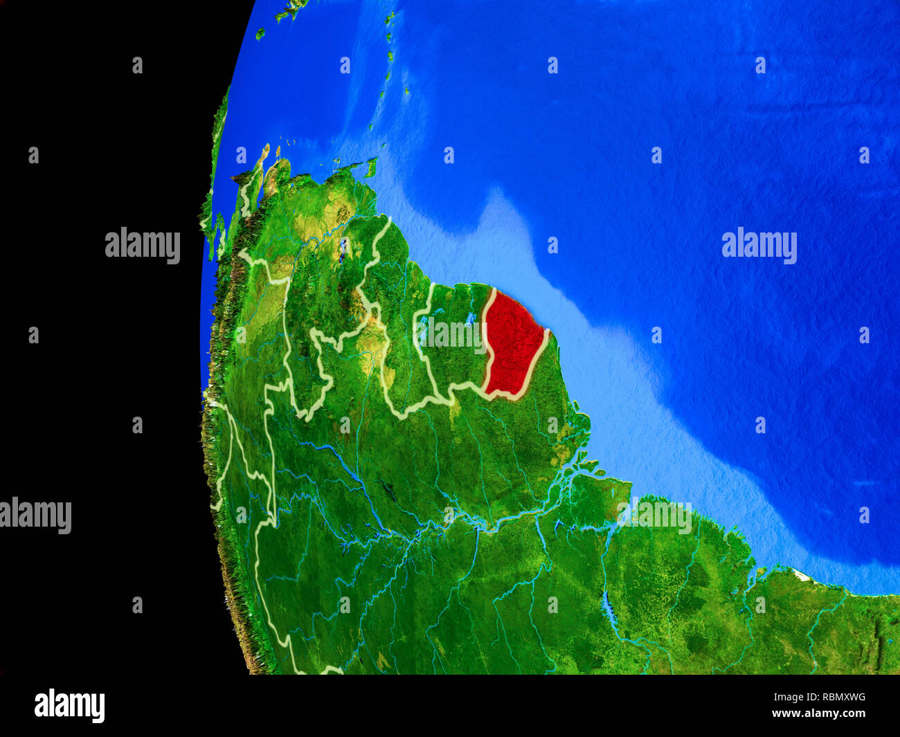 Guiana francese dallo spazio sul modello realistico del pianeta Terra con i confini e dettagliata pianeta superficie. 3D'illustrazione. Gli elementi di questa immagine Foto Stock