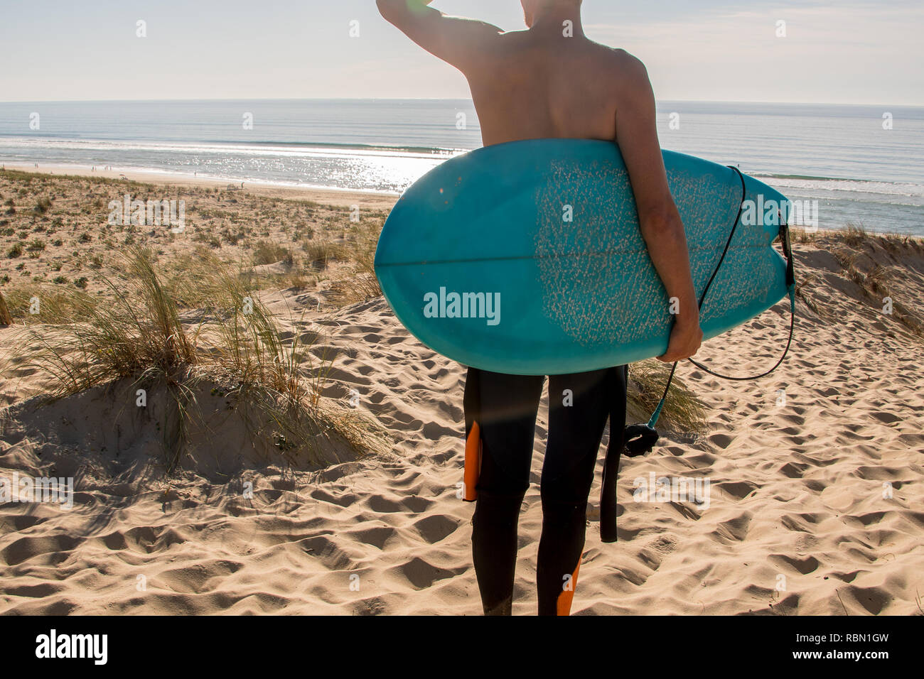 Surfer con scheda sulla spiaggia alla ricerca di forme d'onda Foto Stock