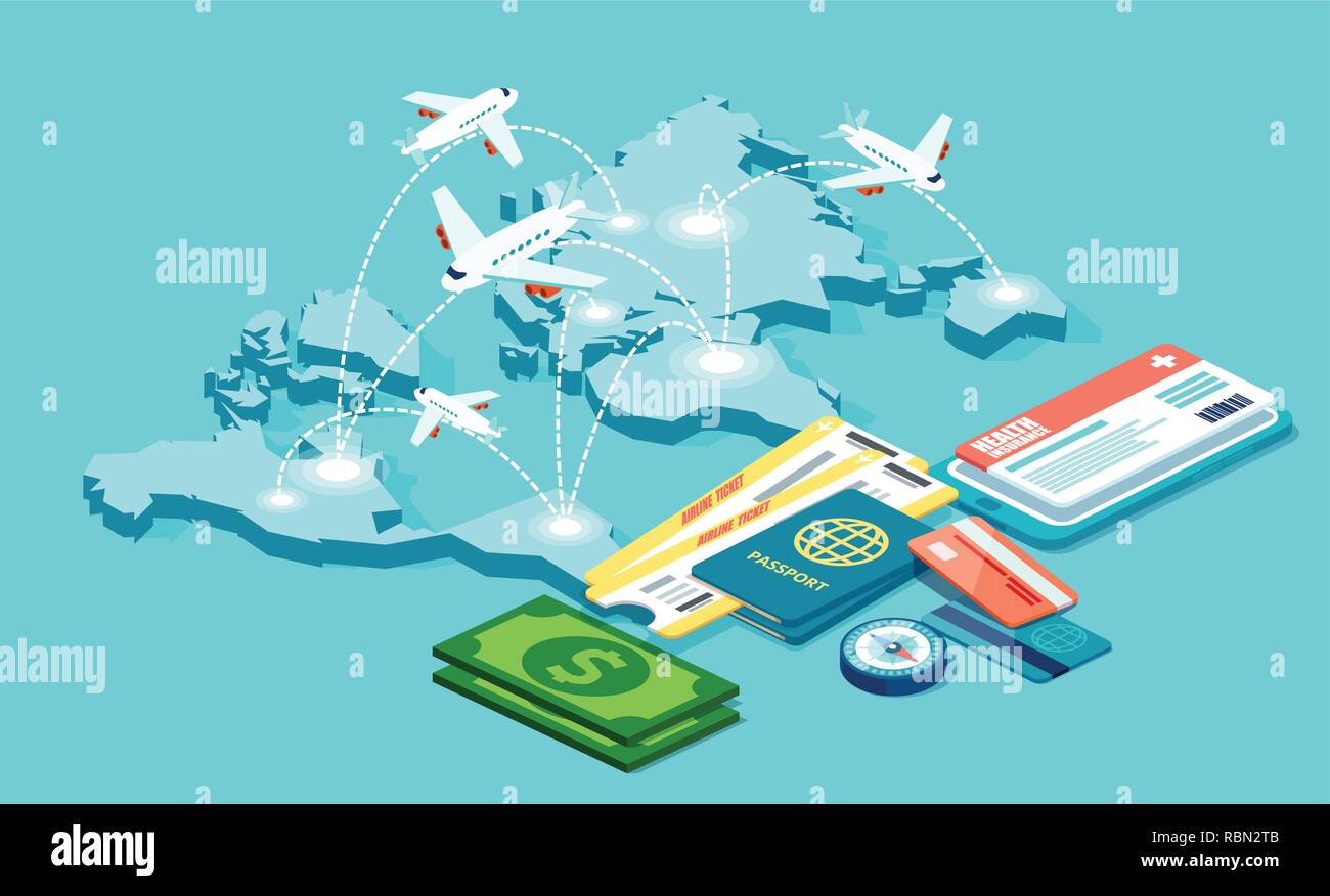 Travel, Tourism biglietto aereo prenotazione e viaggiatori il concetto di assicurazione. I voli business in tutto il mondo. Vettore isometrica Illustrazione Vettoriale