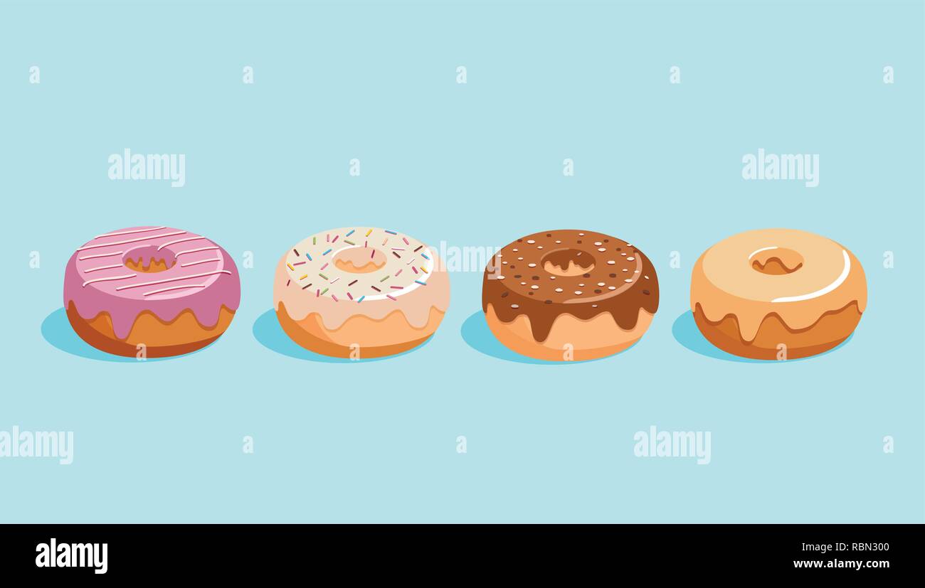 Donut set vettore isolato su uno sfondo blu. Donuts raccolta con glassa di zucchero con il bianco e il cioccolato fondente, fragola e caramello Illustrazione Vettoriale