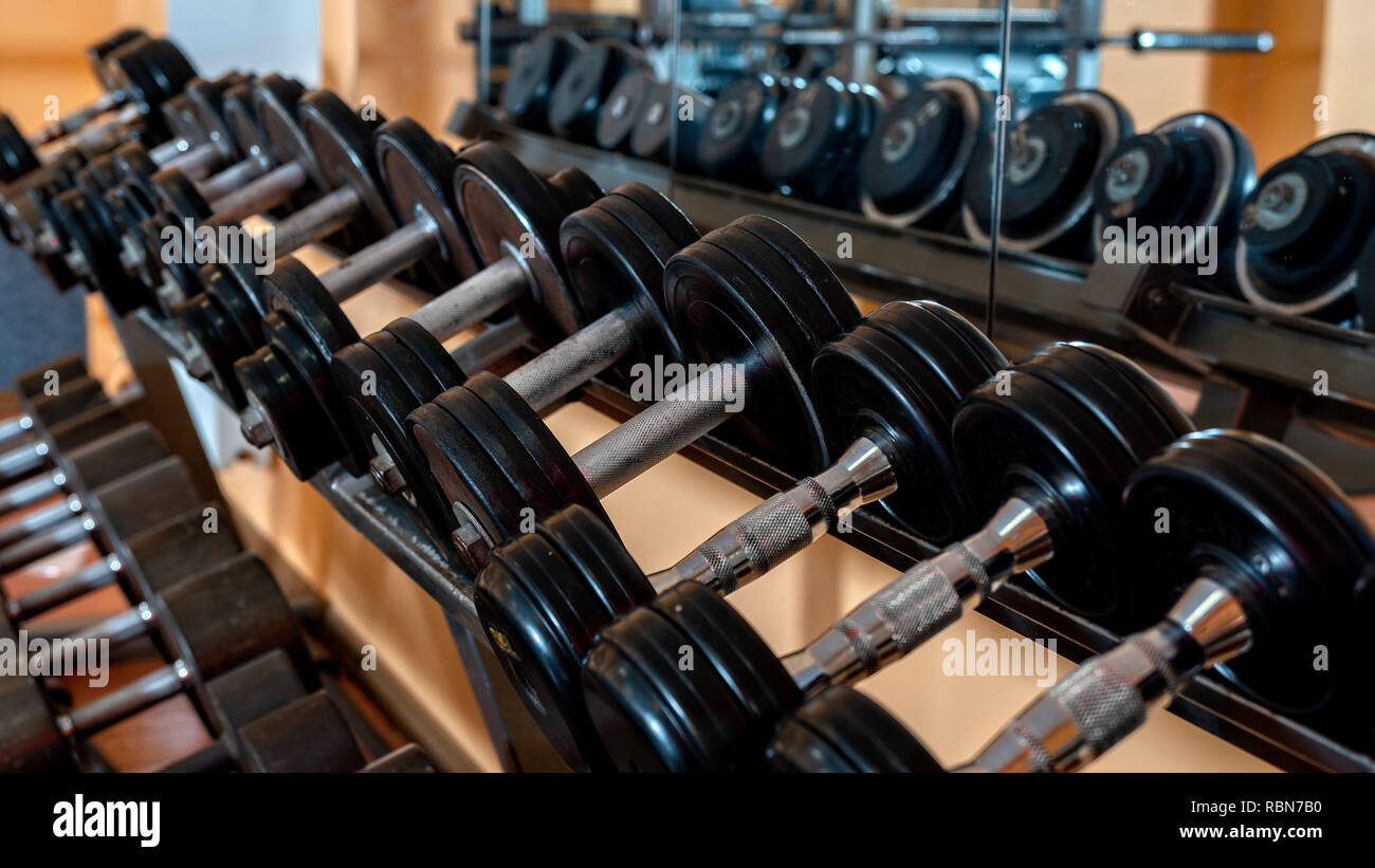 Righe di metallo manubri su rack in palestra / sport club. Peso attrezzatura di formazione. - Immagine Foto Stock
