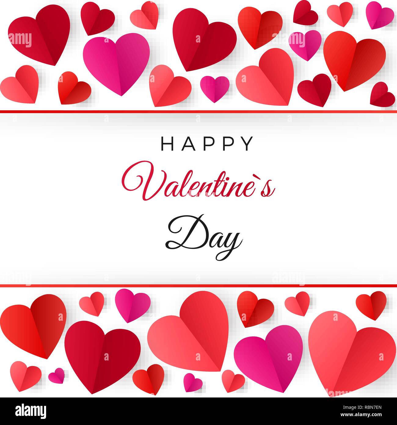 Colorato di rosso Cuori di carta. Happy Valentines Day Greeting Card. Illustrazione di vettore isolato su bianco Illustrazione Vettoriale