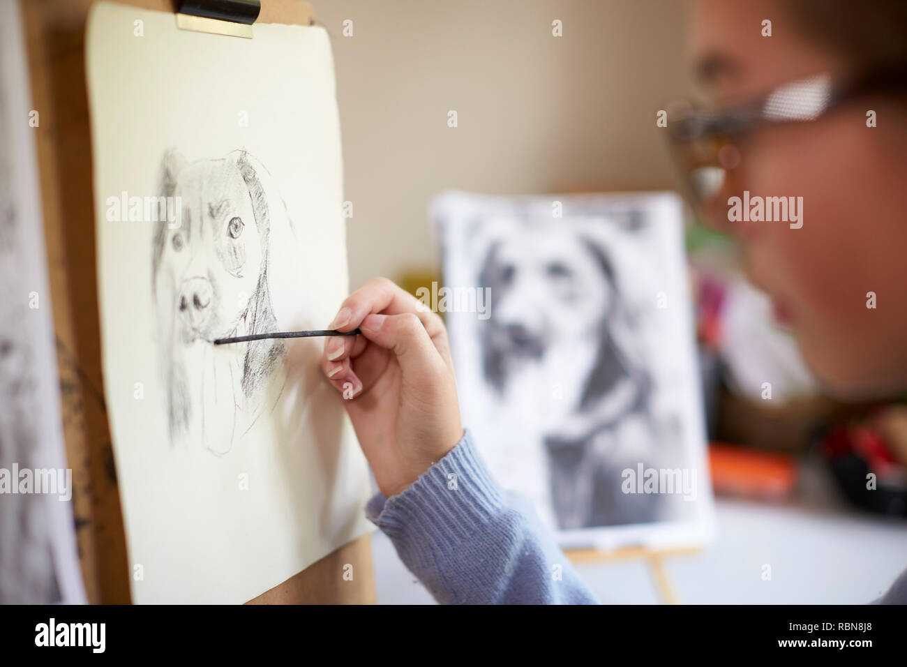 Ravvicinata di un adolescente di sesso femminile artista seduto al cavalletto disegno immagine del cane da fotografare in carbone di legna Foto Stock