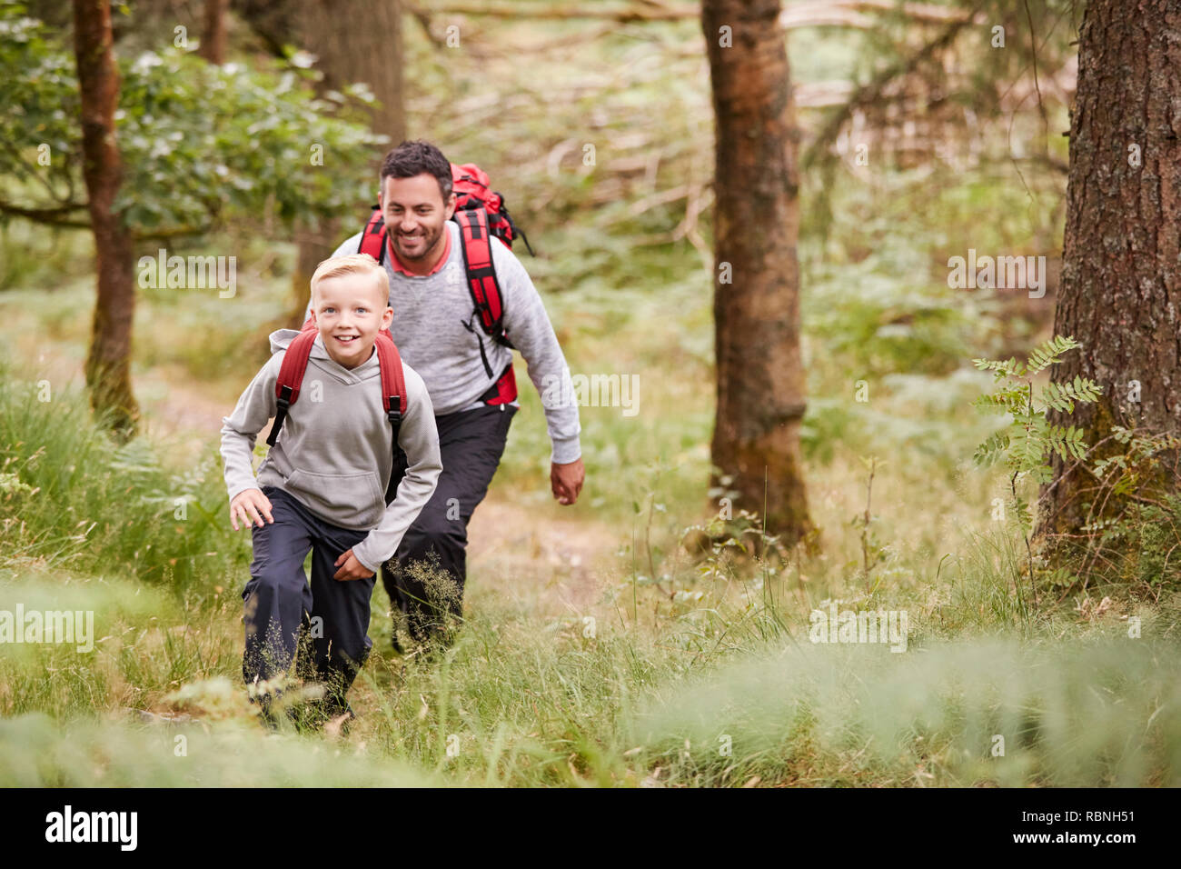 Un ragazzo e suo padre insieme a piedi su un sentiero tra gli alberi in una foresta, entrambi sorridenti, vista in elevazione Foto Stock