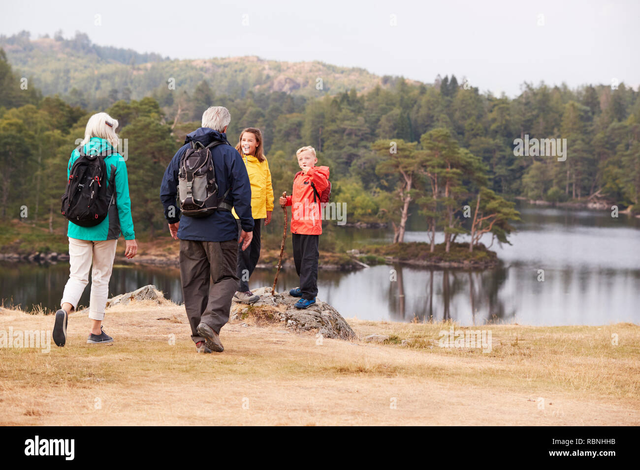Nonni caucasica a piedi ai loro nipoti per ammirare la vista sul lago, vista posteriore, Lake District, REGNO UNITO Foto Stock