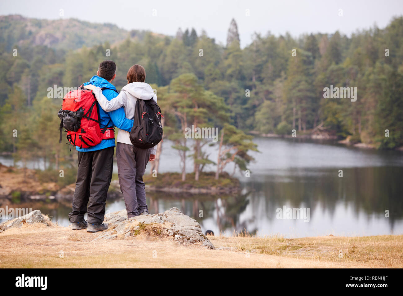 Giovane adulto giovane in piedi su una roccia ammirando la vista sul lago, vista posteriore Foto Stock