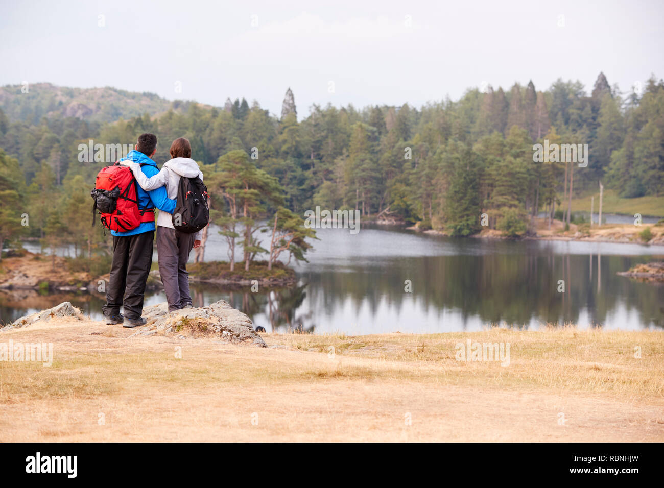 Giovane adulto giovane in piedi su una roccia ammirando la vista sul lago, vista posteriore Foto Stock