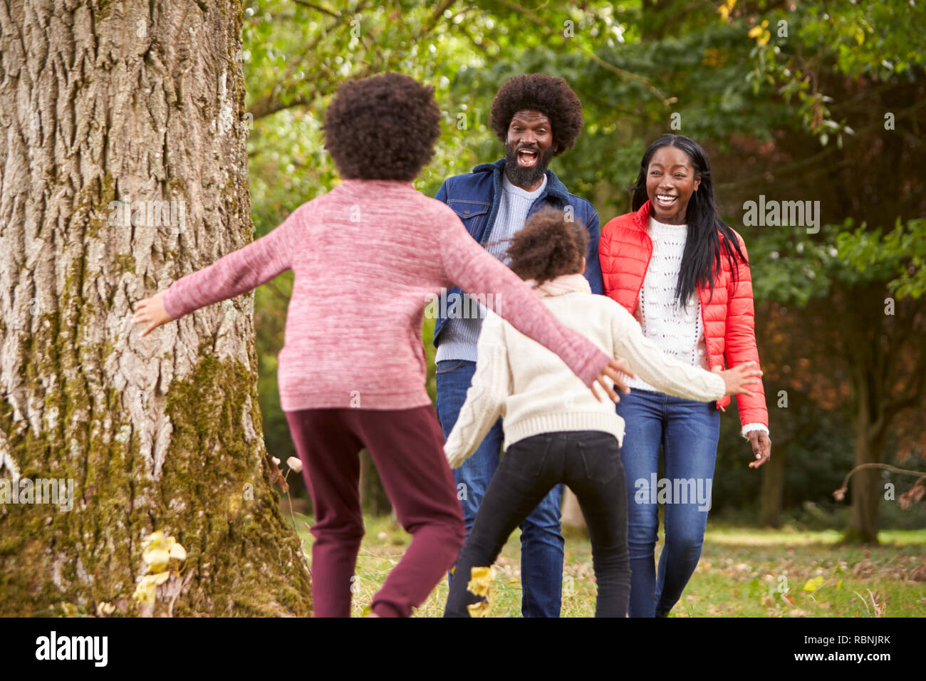 Due bambini che salta fuori da dietro un albero per cogliere di sorpresa i genitori durante una passeggiata nel parco, vista posteriore Foto Stock