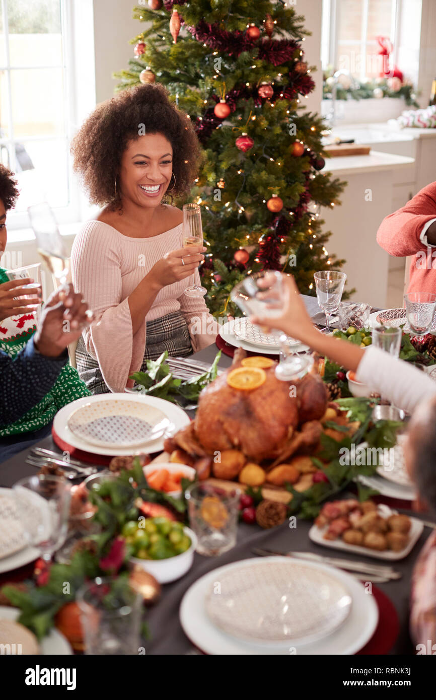 Felice giovani razza mista donna seduta al Natale a tavola con la sua famiglia sorridente, vista in elevazione Foto Stock
