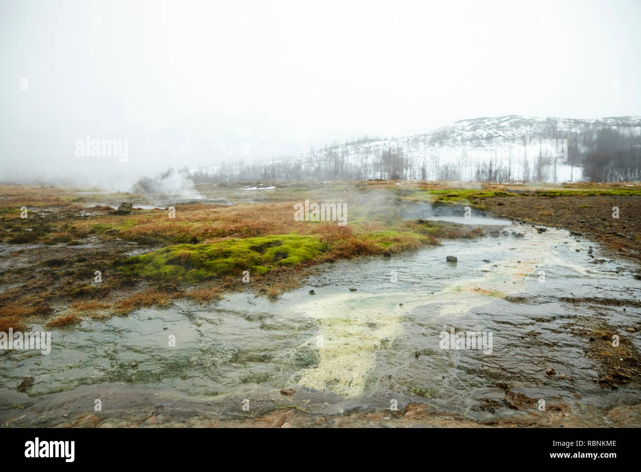Il vapore passando da piscine geotermiche in campagna Islandese Foto Stock