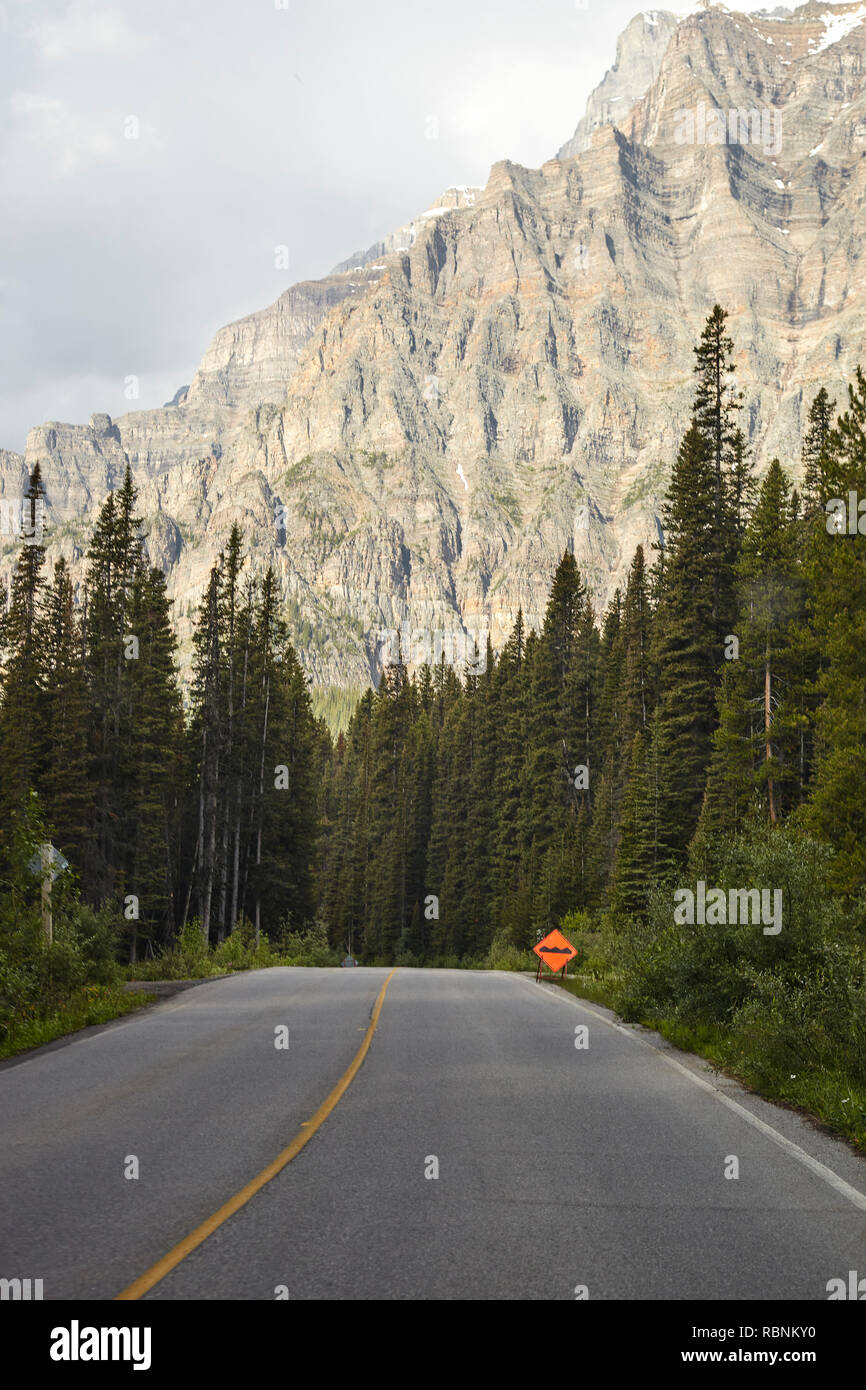 Strada di campagna attraverso la boscosa valle tra le montagne in Alaska Foto Stock