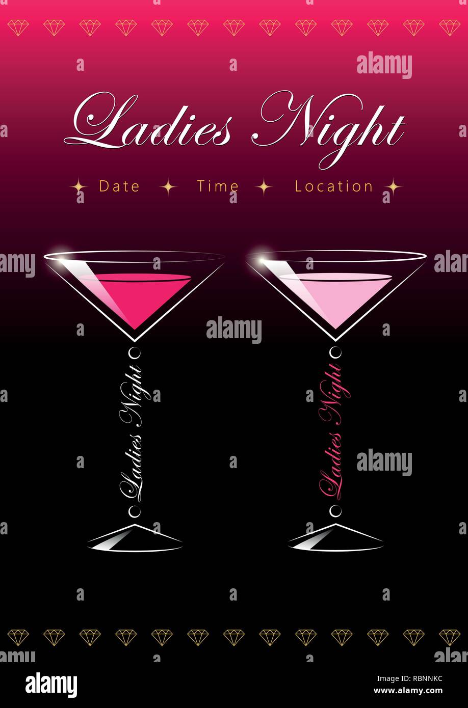 Signora party night flyer design modello con due cocktail vetro illustrazione vettoriale EPS10 Illustrazione Vettoriale
