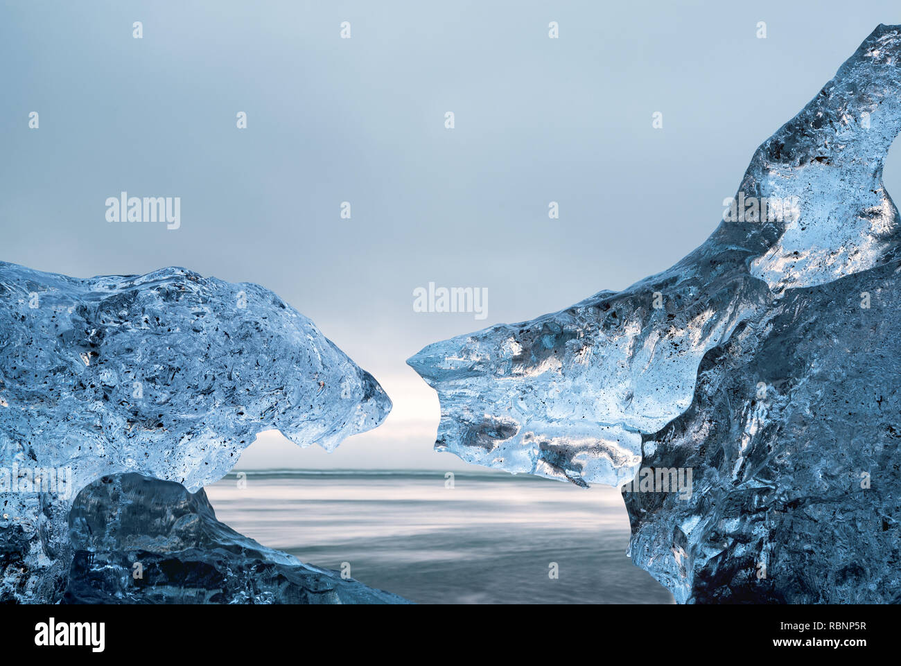 La formazione di ghiaccio come orsi sulla spiaggia con vista oceano in background Foto Stock