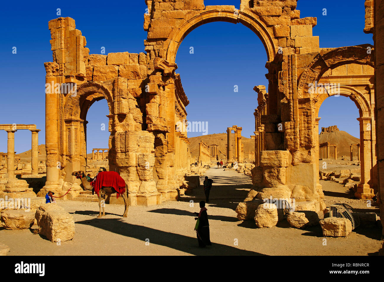 Arco monumentale e colonne e il castello arabo. Le rovine della vecchia Greco città romana di Palmyra. Siria, Medio Oriente Foto Stock