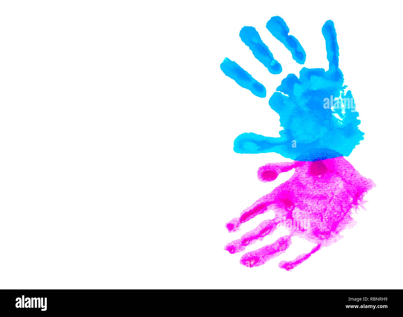 Colorata per bambini handprints isolato su bianco con copia spazio. Mondo autismo consapevolezza giorno concetto. Foto Stock