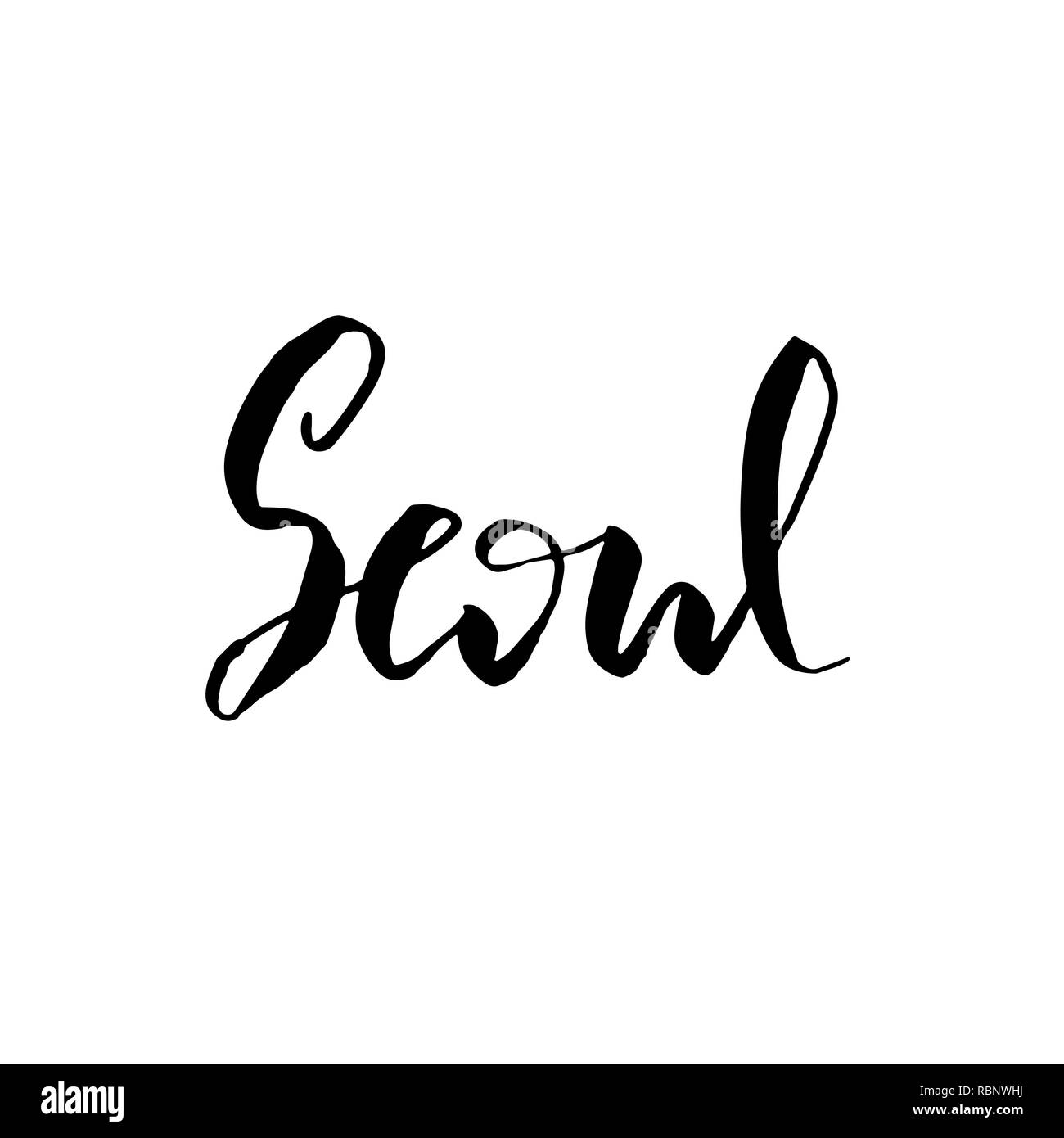 Seul in Corea. Tipografia pennello asciutto lettering design. Disegnato a mano poster di calligrafia. Illustrazione Vettoriale. Illustrazione Vettoriale