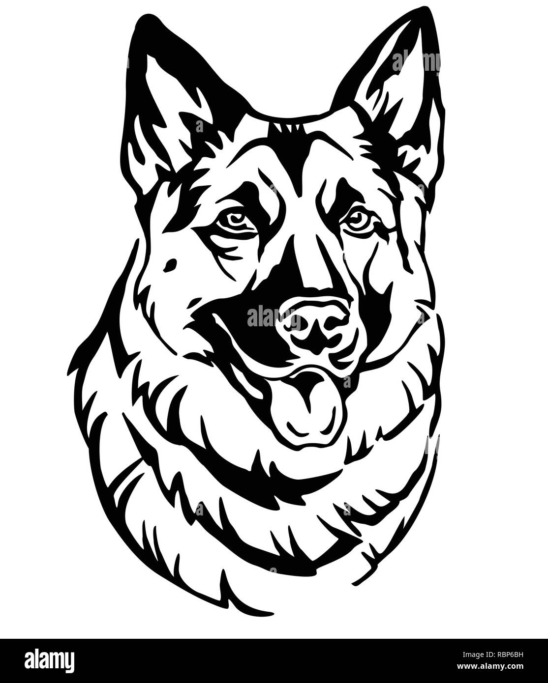 Ritratto decorativo di cane pastore tedesco, vettore isolato illustrazione in colore nero su sfondo bianco. Immagine per design e tatuaggio. Illustrazione Vettoriale