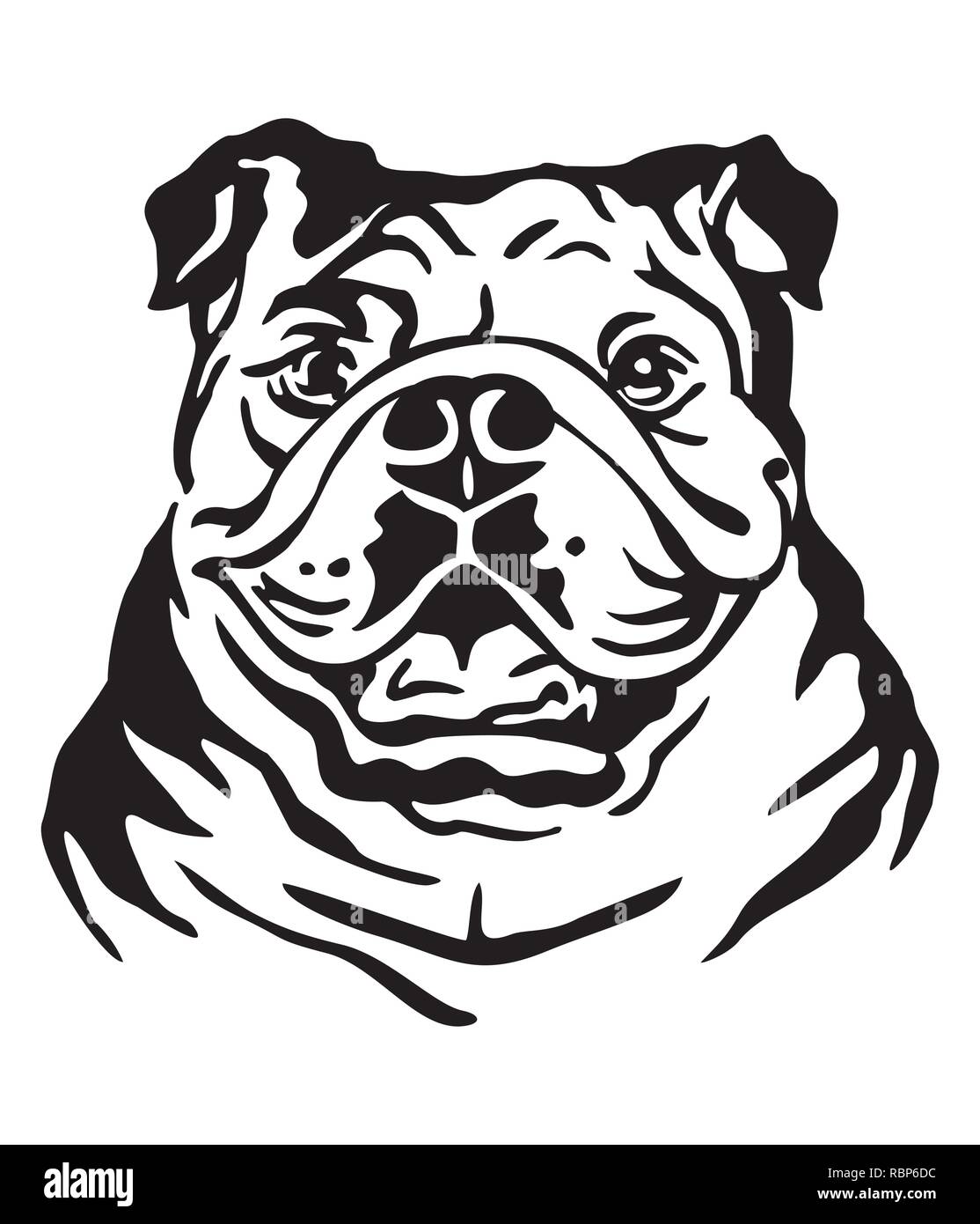 Ritratto decorativo di cane Bulldog, vettore isolato illustrazione in colore nero su sfondo bianco. Immagine per design e tatuaggio. Illustrazione Vettoriale
