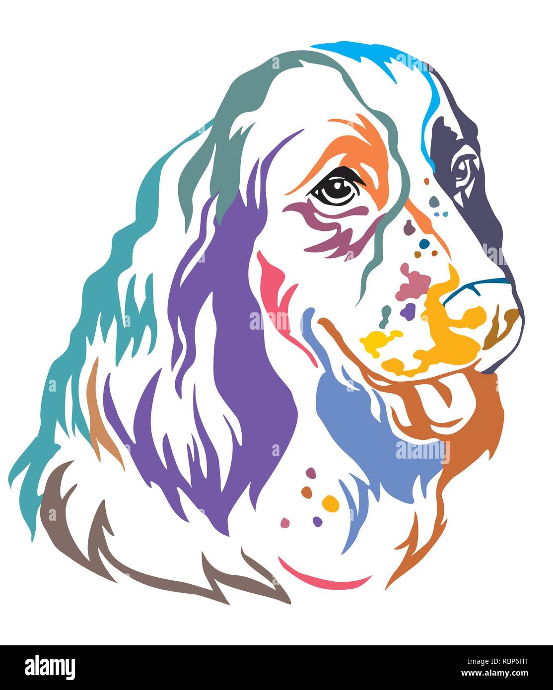 Decorativo colorato ritratto di cane English Springer Spaniel, illustrazione vettoriale in colori diversi isolati su sfondo bianco. Immagine per la progettazione di un Illustrazione Vettoriale