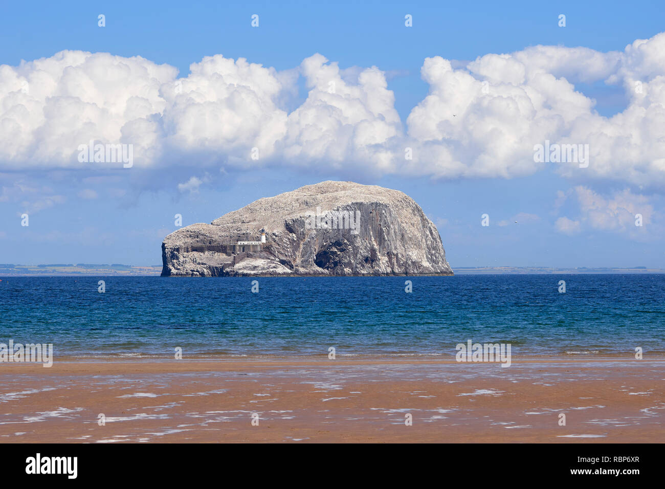 La Bass Rock da Seacliff beach, vicino a North Berwick, East Lothian, Scozia Foto Stock