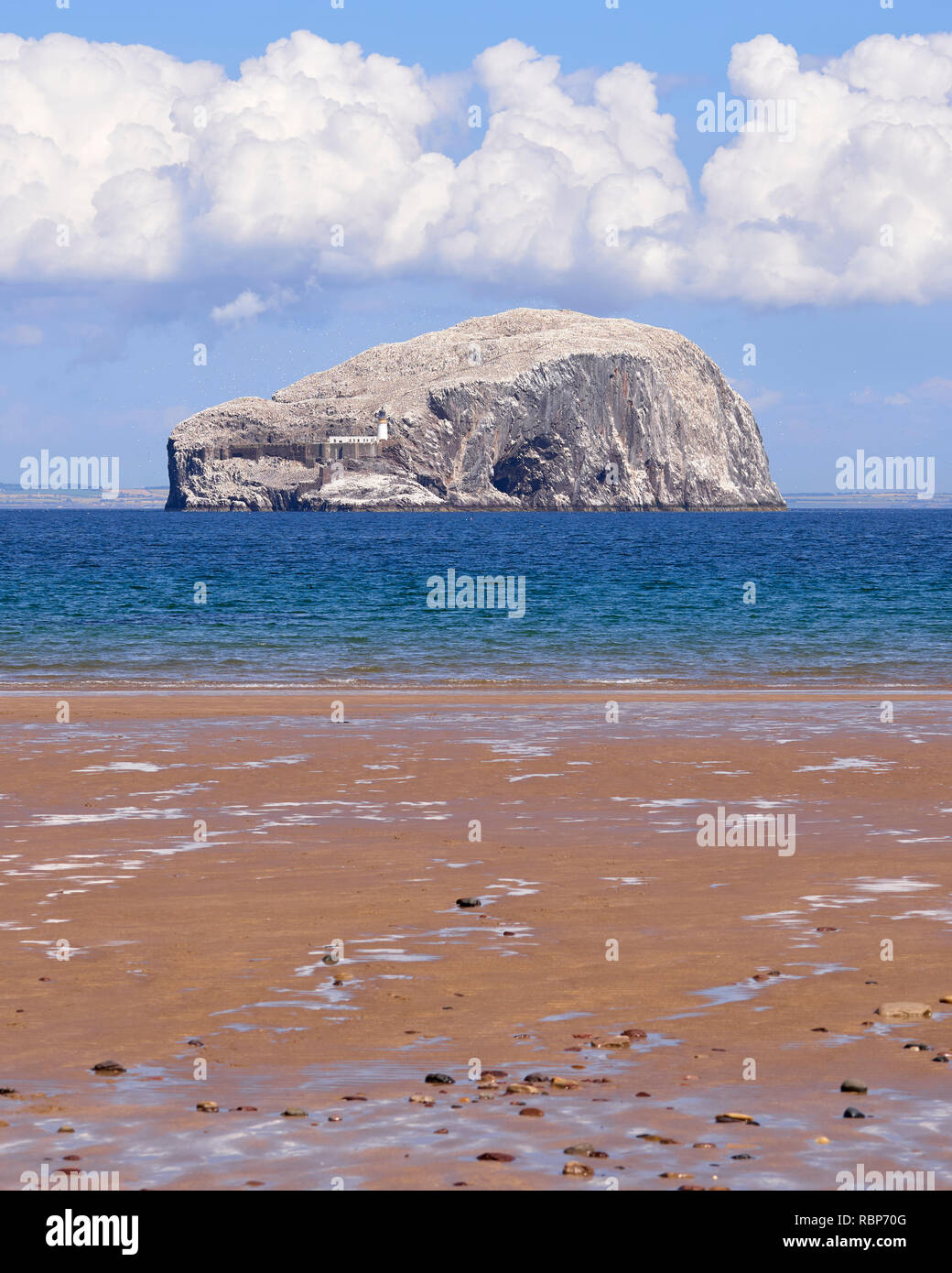 La Bass Rock da Seacliff beach, vicino a North Berwick, East Lothian, Scozia Foto Stock