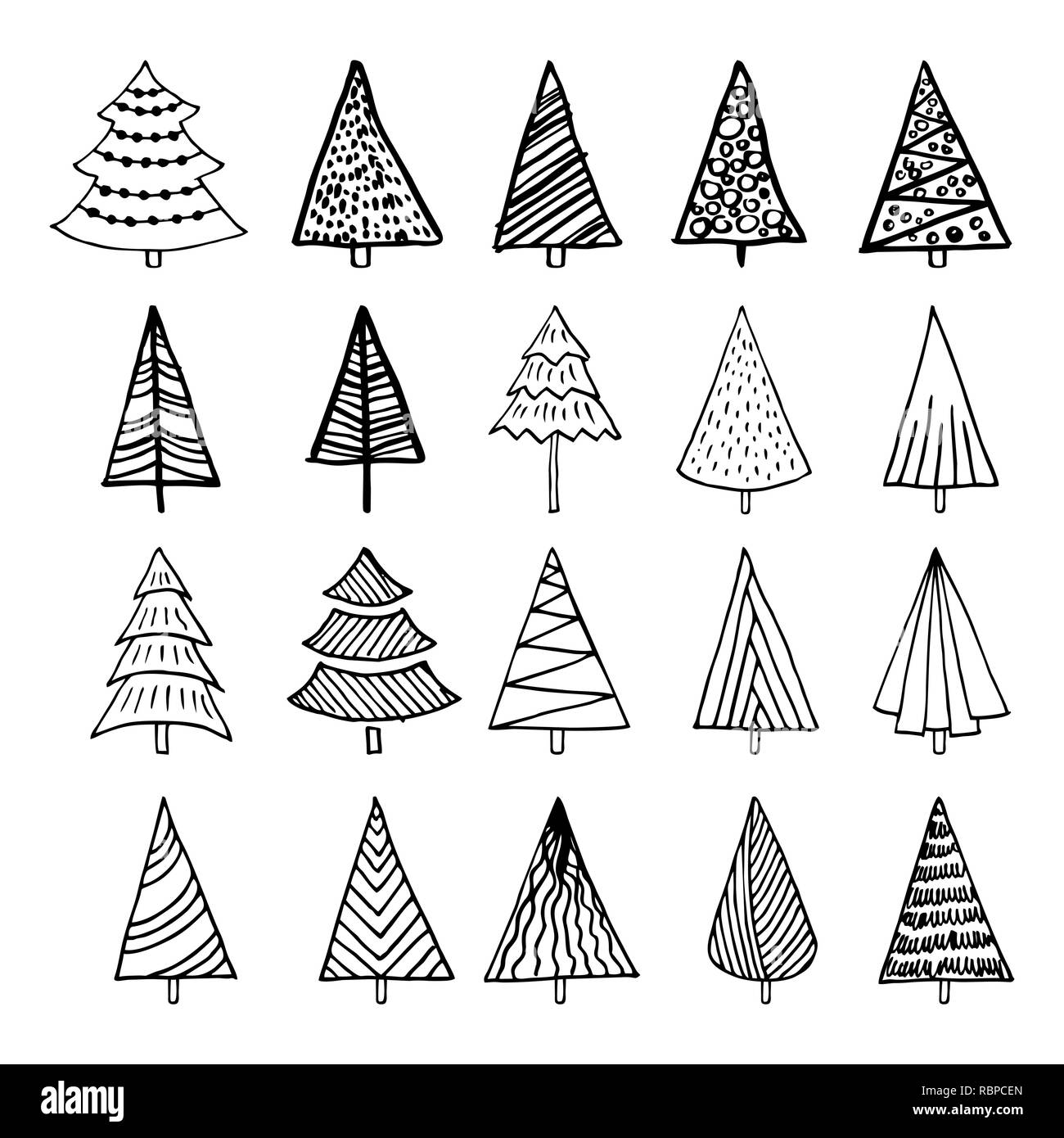 Disegnate a mano alberi di Natale per l'inverno e illustrazioni per le vacanze. Illustrazione Vettoriale