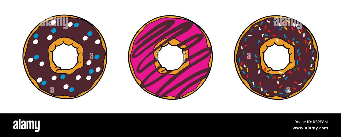Le ciambelle con marrone cioccolato e smalto di colore rosa. Le ciambelle con polvere. Set di ciambella isolato su uno sfondo bianco. Immagine vettoriale con ciambella Illustrazione Vettoriale