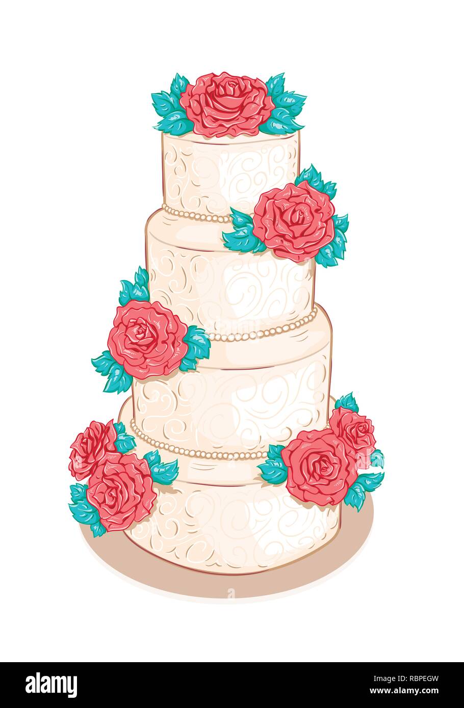 Stratificato bianco torta di nozze con fiori (rose) isolati su sfondo bianco Illustrazione Vettoriale
